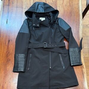 Michael Kors- Women's Medium Black Hooded Coat, faux leather sleeve Detail